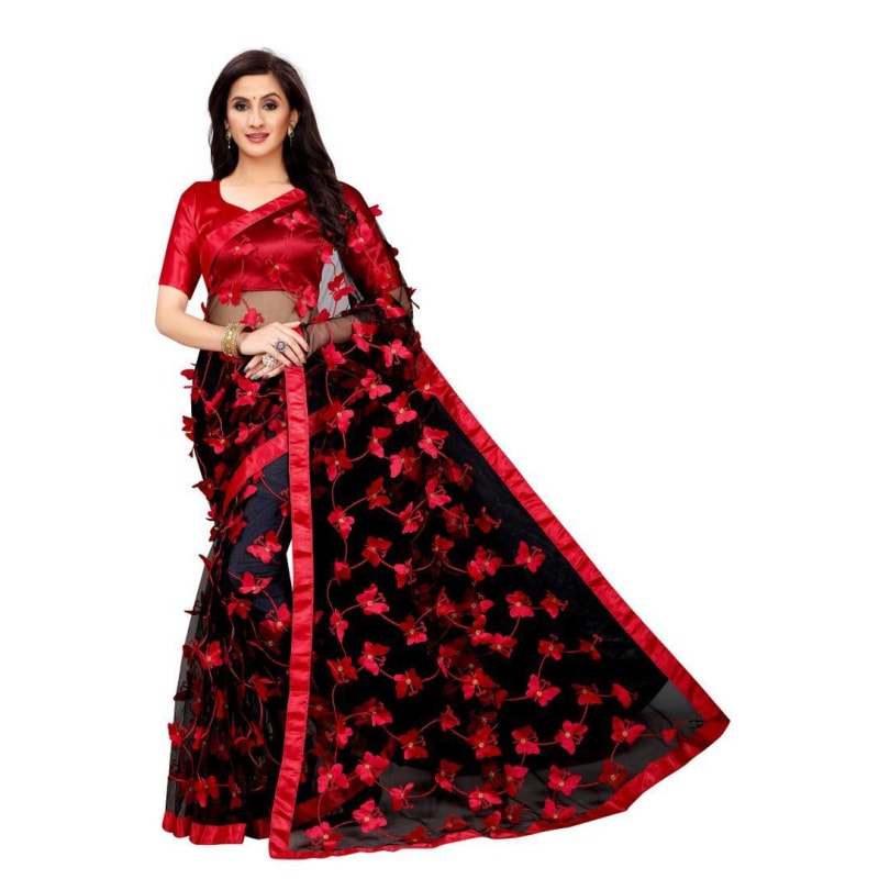 Black Embroidered Net Saree With Blouse Piece