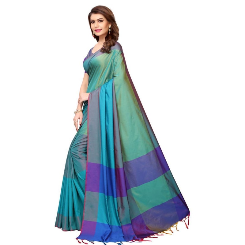 Blue Cotton Silk Solid Saree with Blouse piece