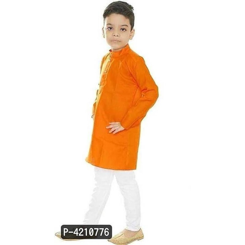 Boys Festive Party Kurta & Pyjama Set (Orange Pack Of 1)
