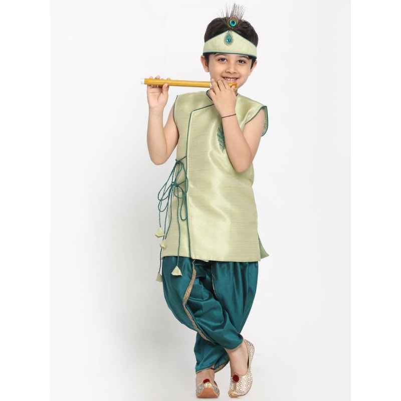 Boys' Silk Blend Krishna Style Kurta and Dhoti Pant Set with Mukut and Bansuri