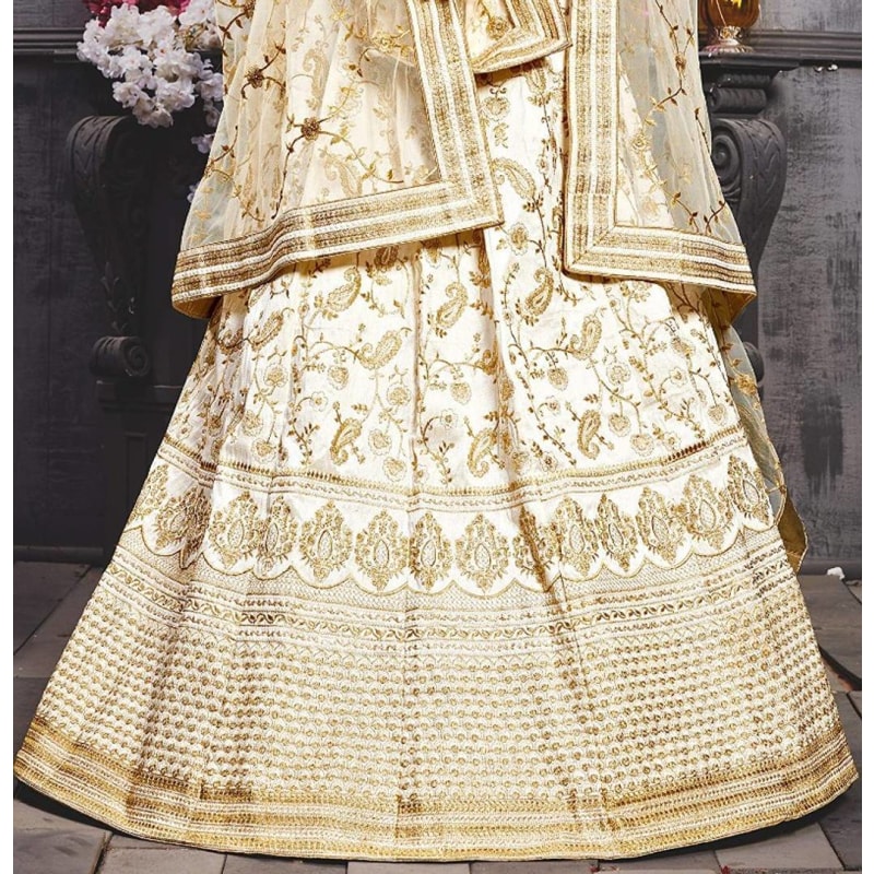 Cream Embroidered Banarasi Silk Semi Stitched Lehenga