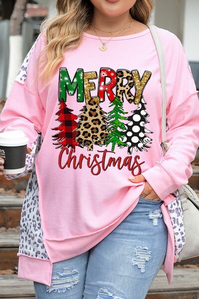 Plus Size MERRY CHRISTMAS Leopard Dropped Shoulder Sweatshirt
