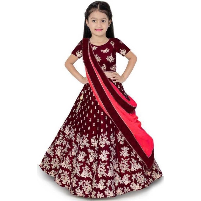 Harshiv Creation Maroon Embroidered Kids Girls Traditional Semi Stitched Lehenga Choli_(Comfortable To 3-15 Years Lehenga Choli)