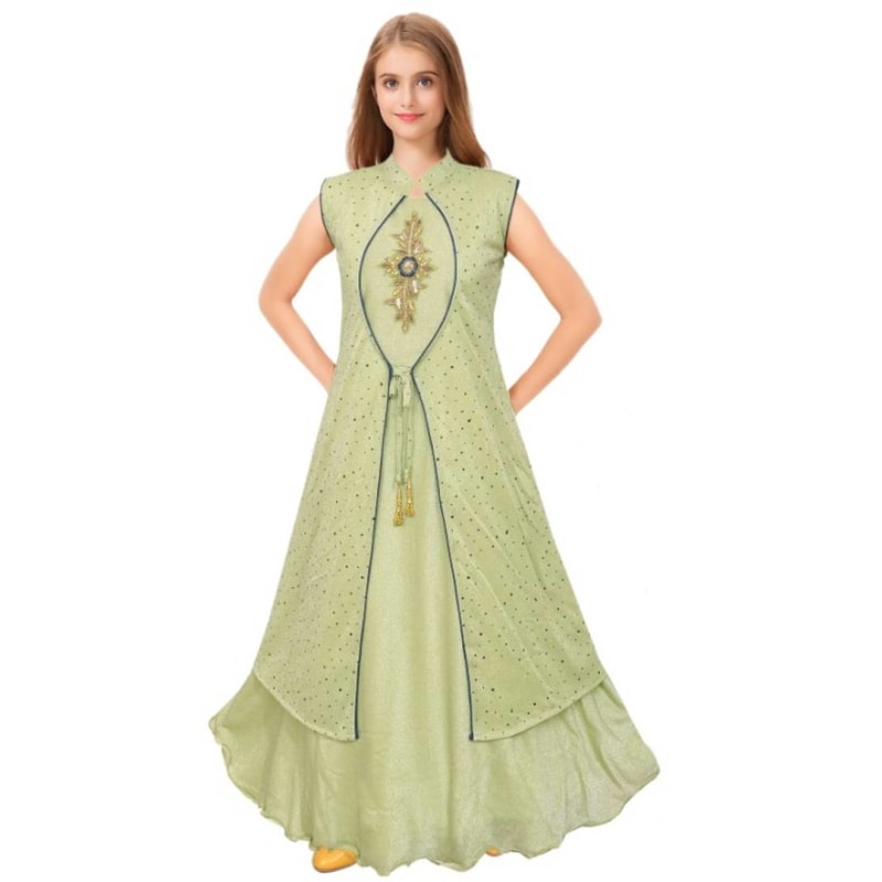 Oscar Creation Girls Party Wear Gown  with Shrug/Overcoat Zardozi Embroidery Patch Work And Glitter Fabric 7-13 years