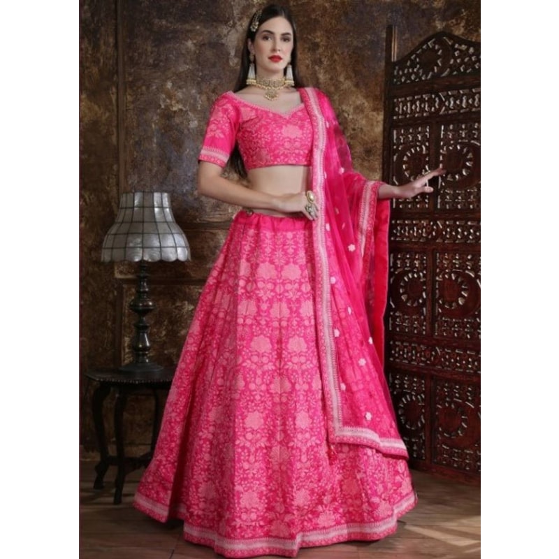 Pink Silk Lehenga Choli with Floral Embroidery