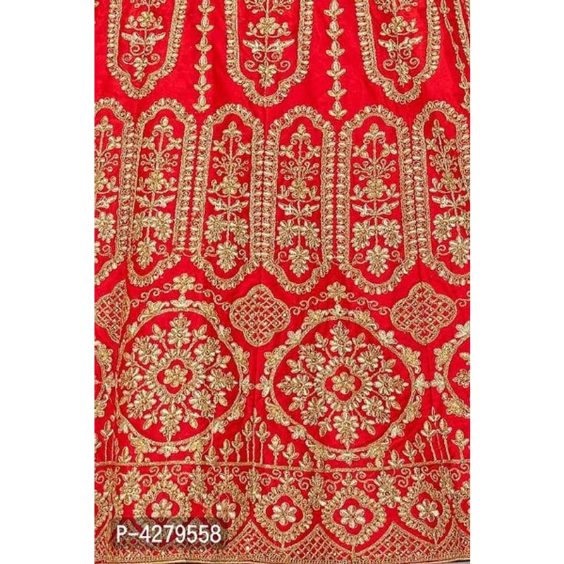 Red Embroidered Satin Semi Stitched Lehenga Choli with Dupatta