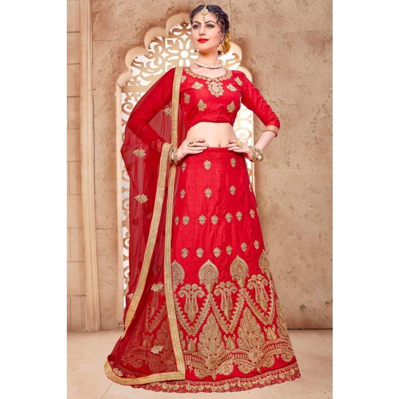 Red Embroidered Semi Stitched Lahenga