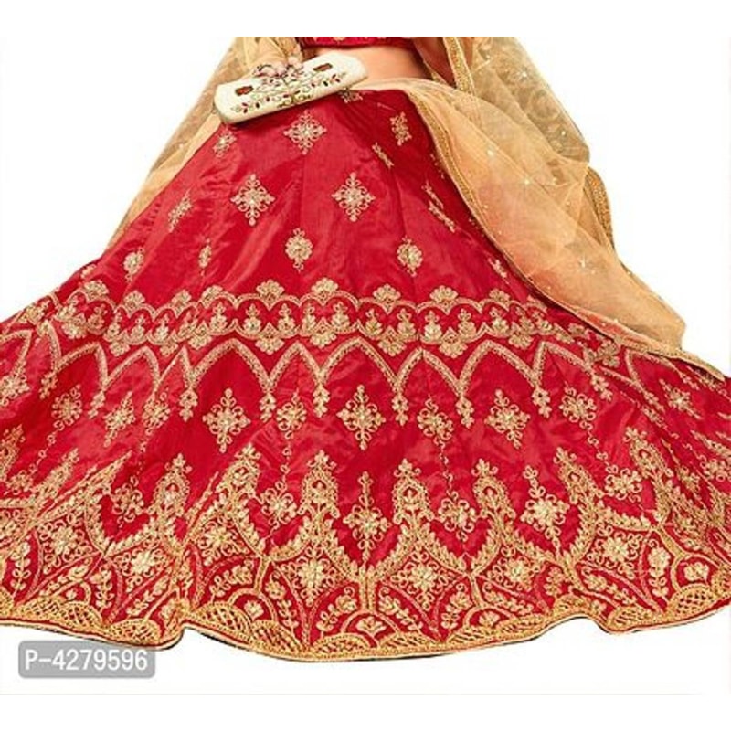 Red Embroidered Silk Blend Semi Stitched Lehenga Choli with Dupatta