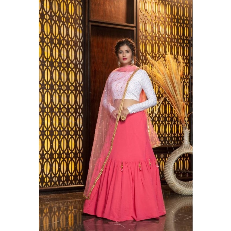 White & Pink Embroidered Semi-Stitched Lehenga & Unstitched Blouse with Dupatta