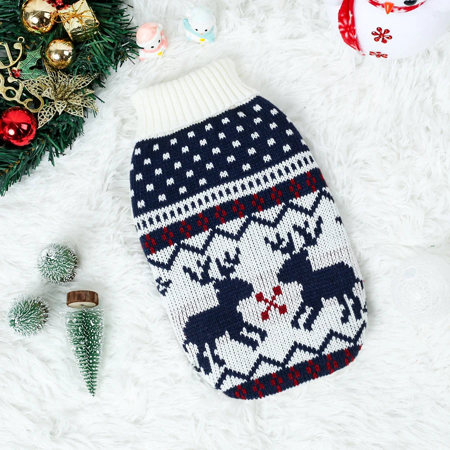 White Reindeer small dog sweater laid flat, navy reindeer Fair Isle knit with white turtleneck