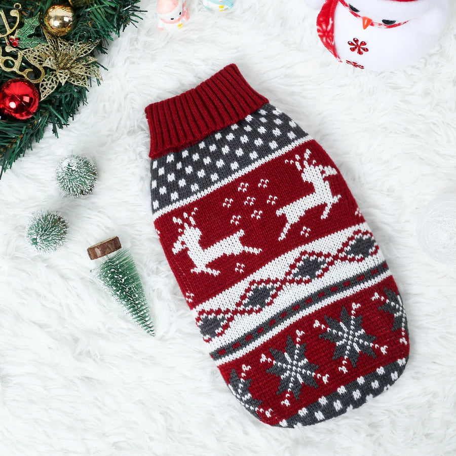 Red Reindeer dog christmas sweater laid flat, red and white Fair Isle knit pet christmas outfit