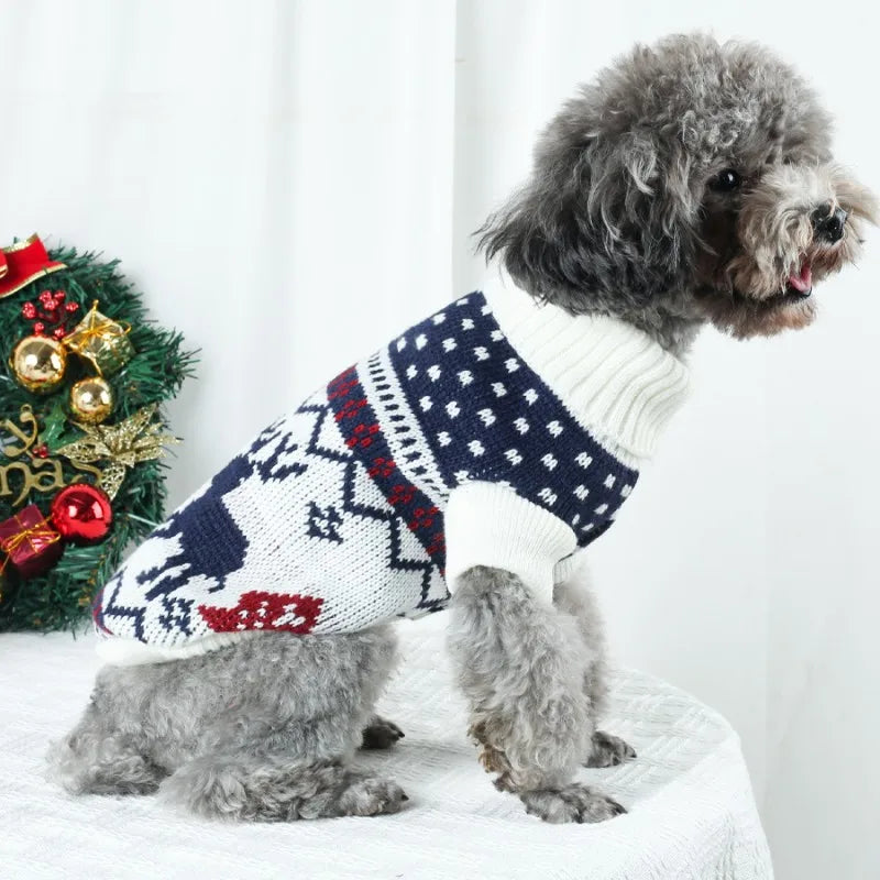 Small dog wearing White Reindeer christmas sweater for dogs with navy reindeer and white turtleneck