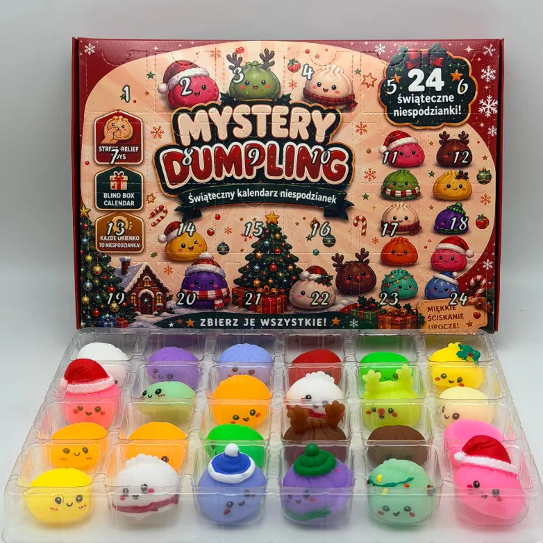 Numbered 24-door squishy advent calendar with clear tray holding 24 colorful dumpling squishies