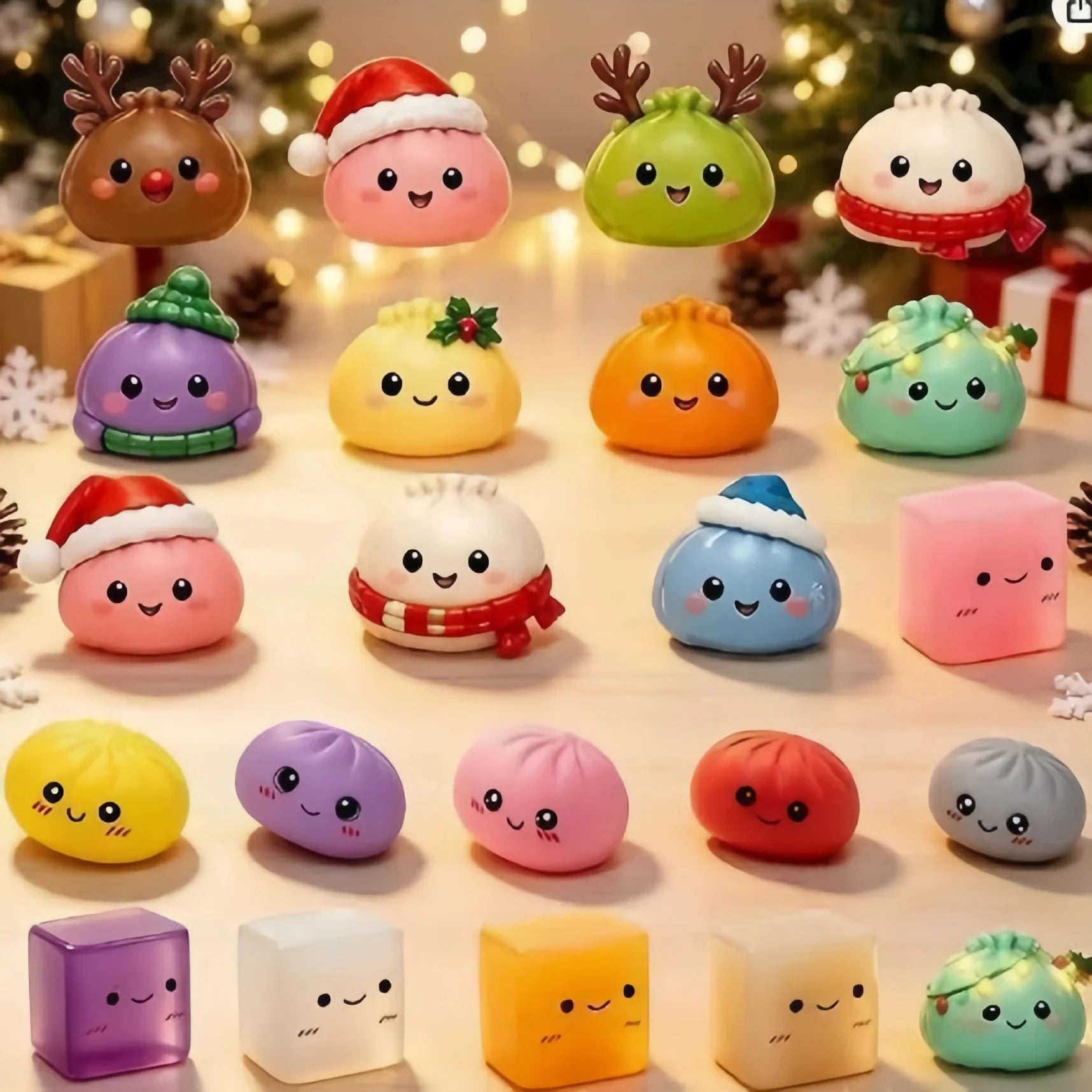 Assortment of 24 squishy fidget toys: Christmas dumplings, plain dumplings and smiling cube squishies