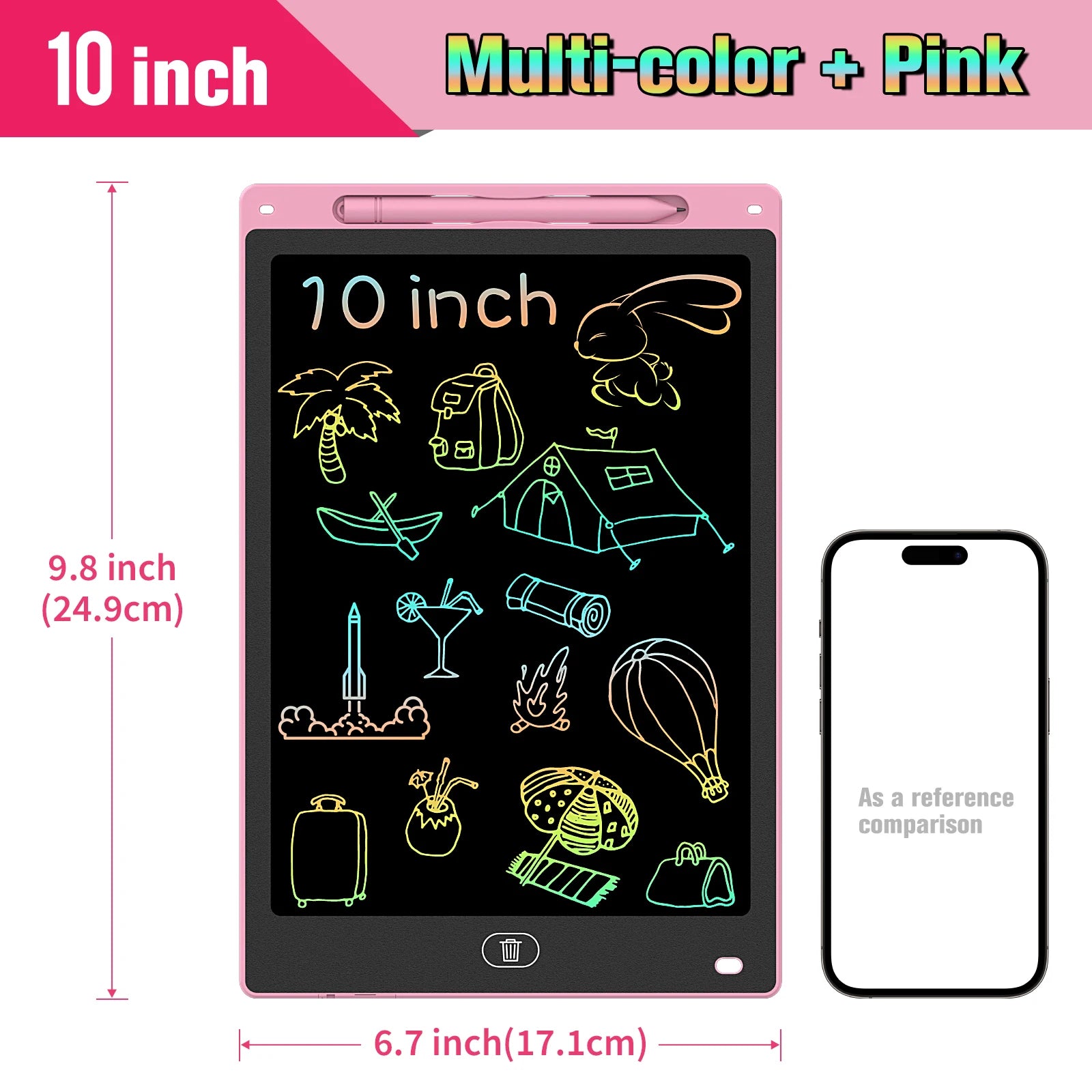 Kids LCD Writing Tablet, Colorful Doodle Board & Erasable Drawing Pad, Screen-Free Travel Toy (8.5", 10", 12")