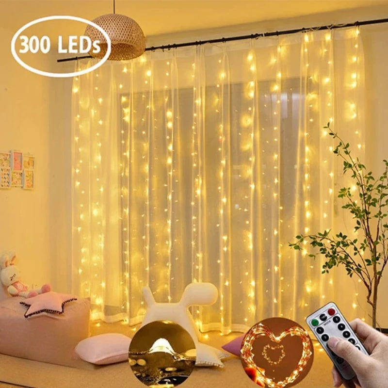 Warm white LED curtain lights with 300 LEDs glowing behind sheer bedroom curtains, with remote control
