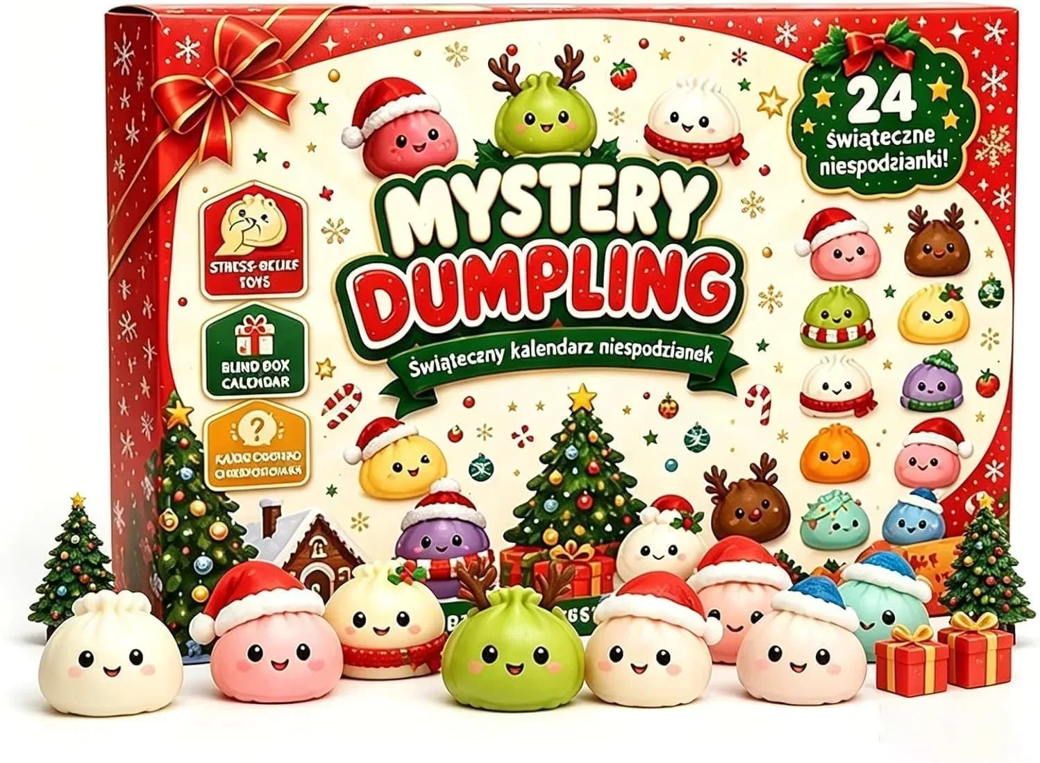 Mystery dumpling squishy advent calendar with holiday squishies in Santa hats and reindeer antlers