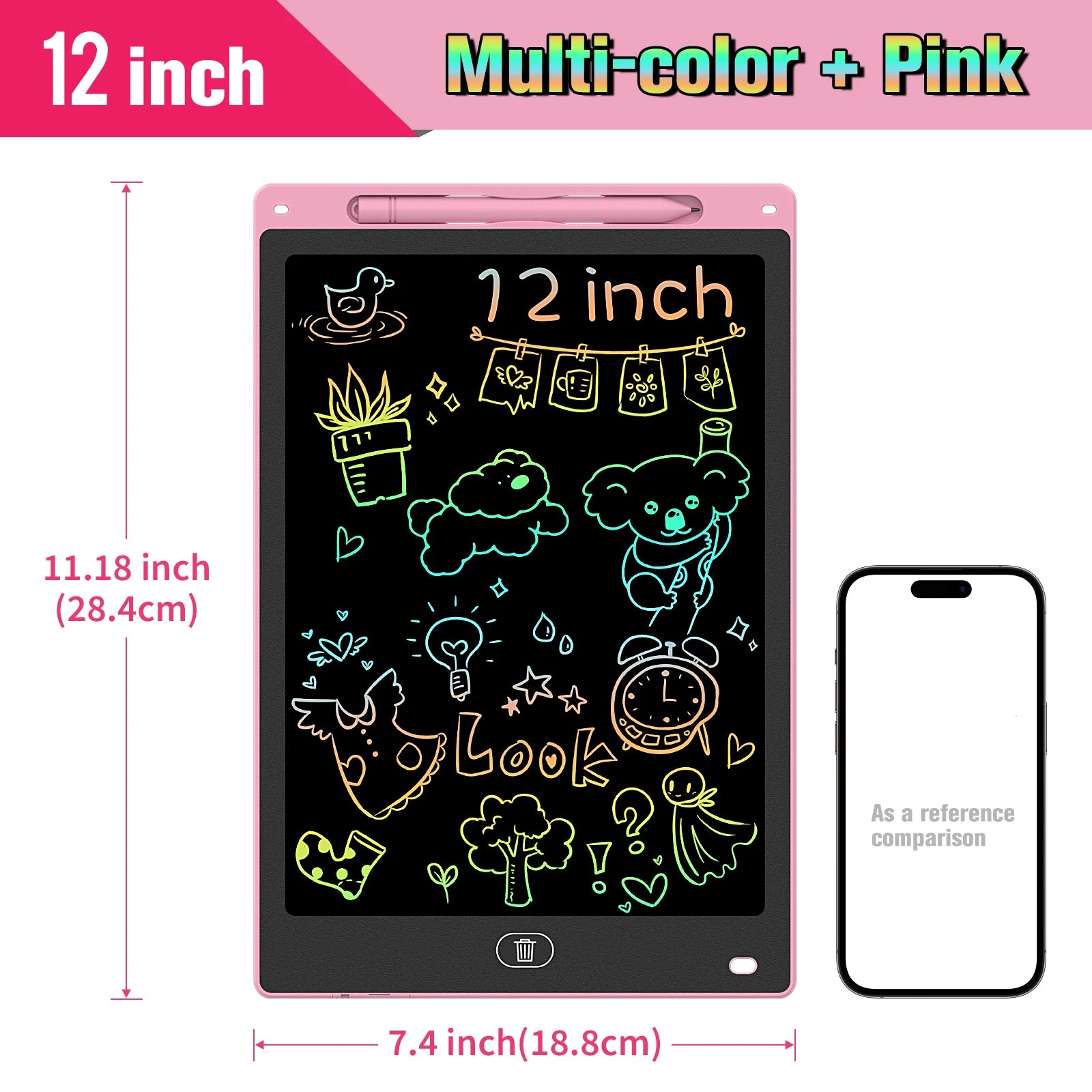 Kids LCD Writing Tablet, Colorful Doodle Board & Erasable Drawing Pad, Screen-Free Travel Toy (8.5", 10", 12")