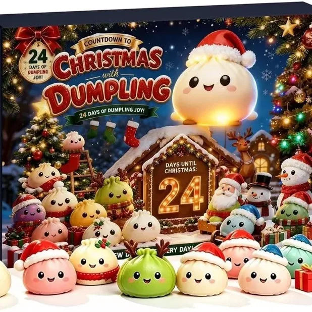 Christmas dumpling advent calendar box with 24 days countdown and festive squishy toys in front