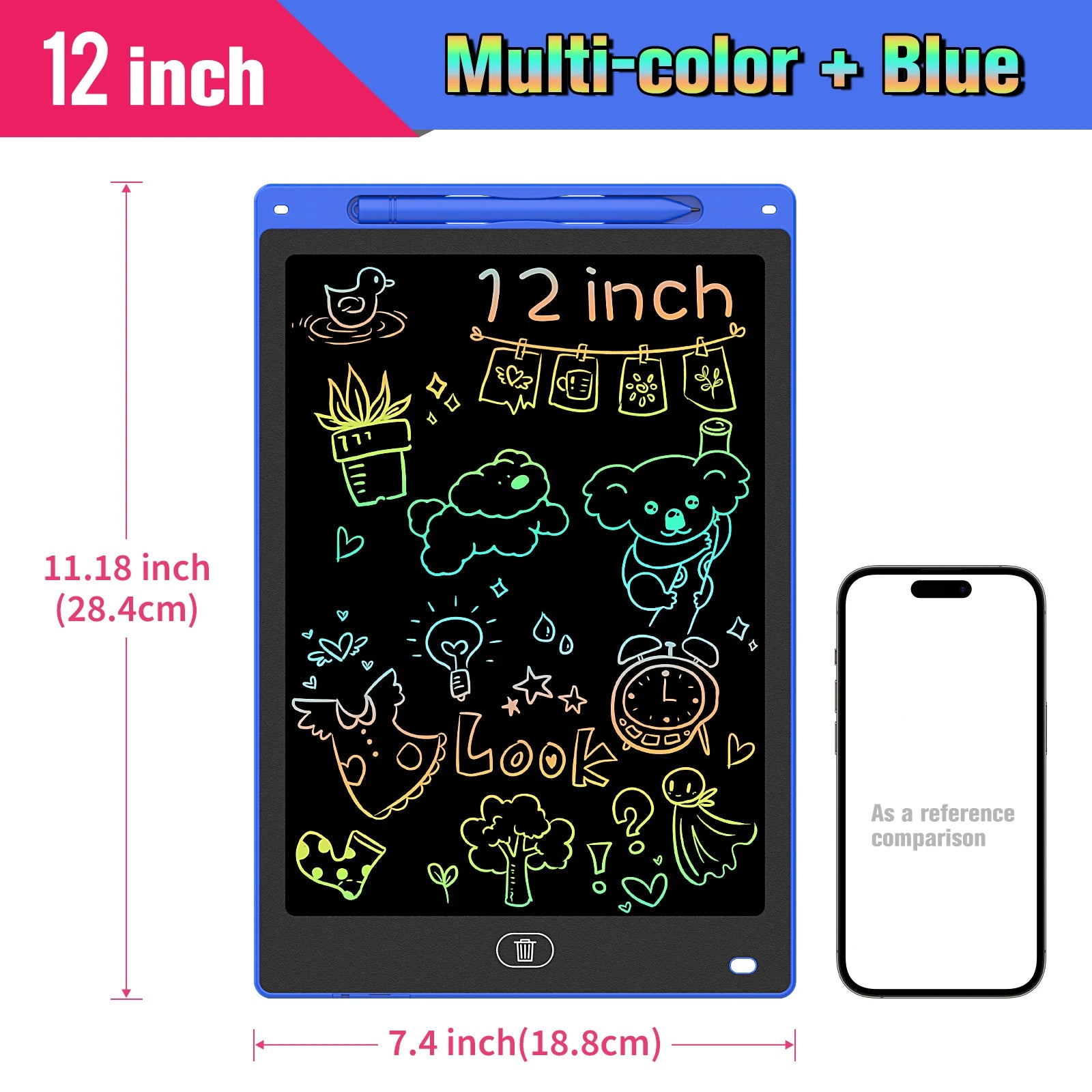 Kids LCD Writing Tablet, Colorful Doodle Board & Erasable Drawing Pad, Screen-Free Travel Toy (8.5", 10", 12")