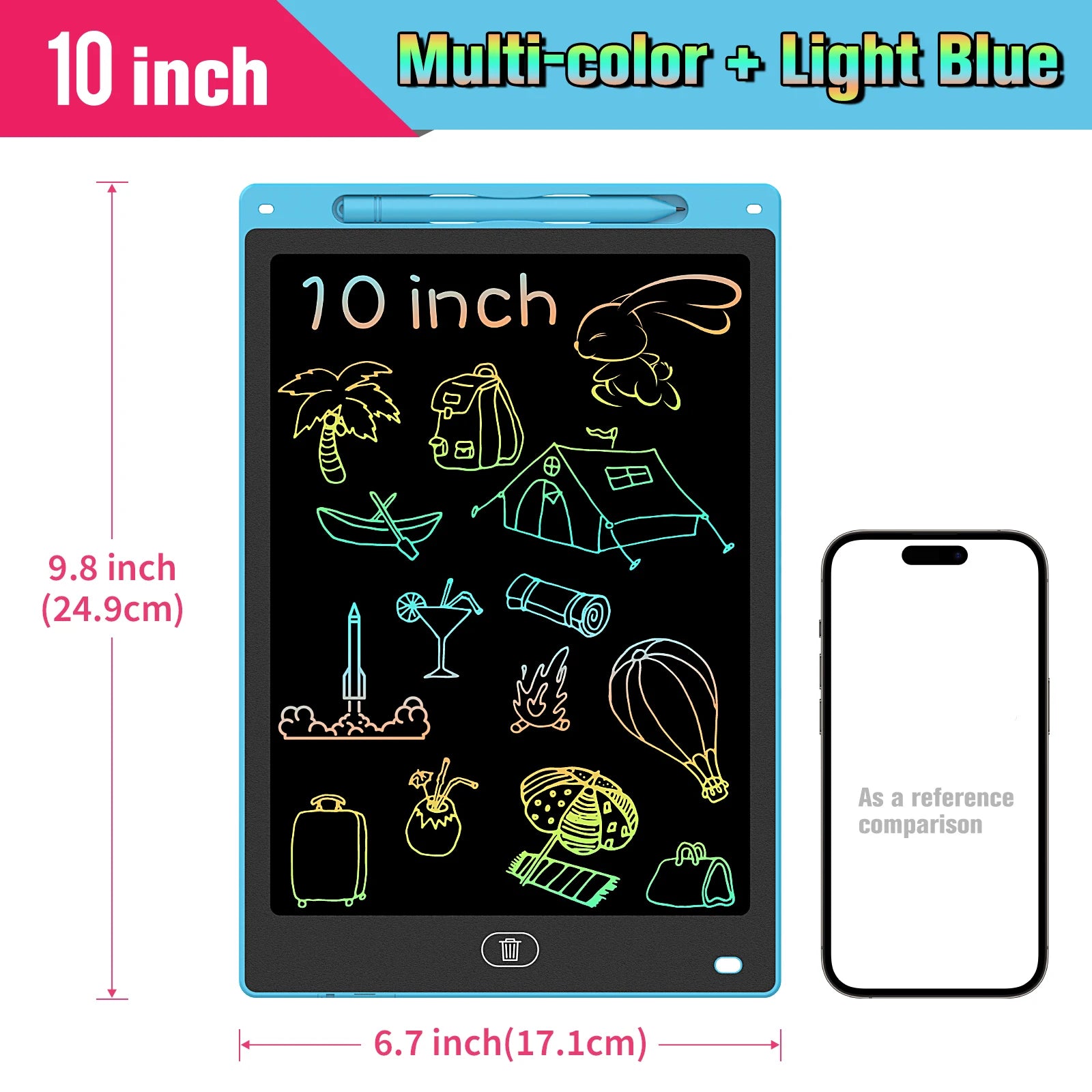 Kids LCD Writing Tablet, Colorful Doodle Board & Erasable Drawing Pad, Screen-Free Travel Toy (8.5", 10", 12")