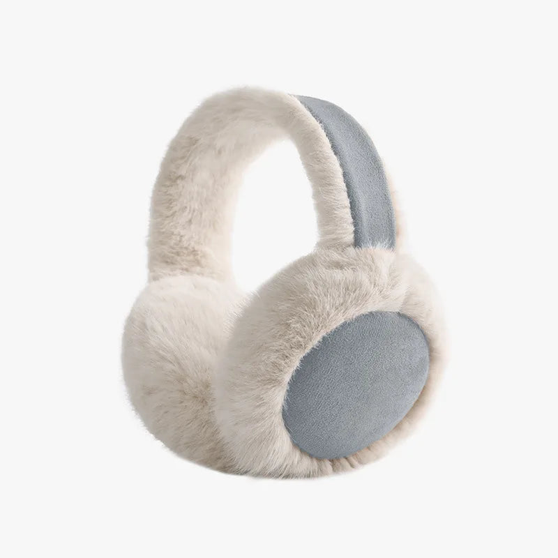 Gray faux fur earmuffs with cream plush and gray suede patches, foldable ear warmers