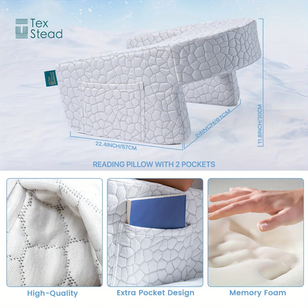 Reading pillow with two pockets, showing high-quality material, extra pocket design, and memory foam features.