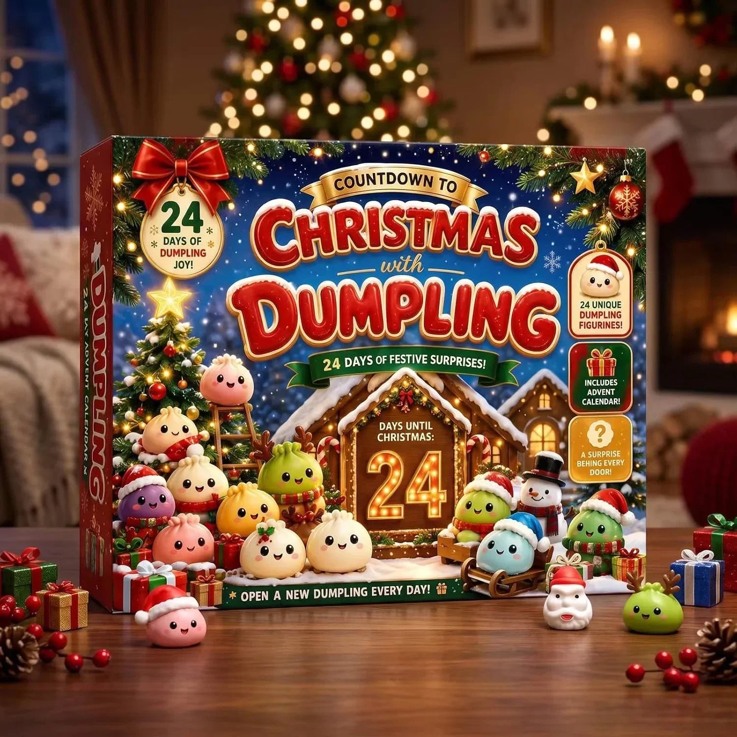 Christmas countdown squishy advent calendar for kids with 24 days of festive surprises by a holiday fireplace