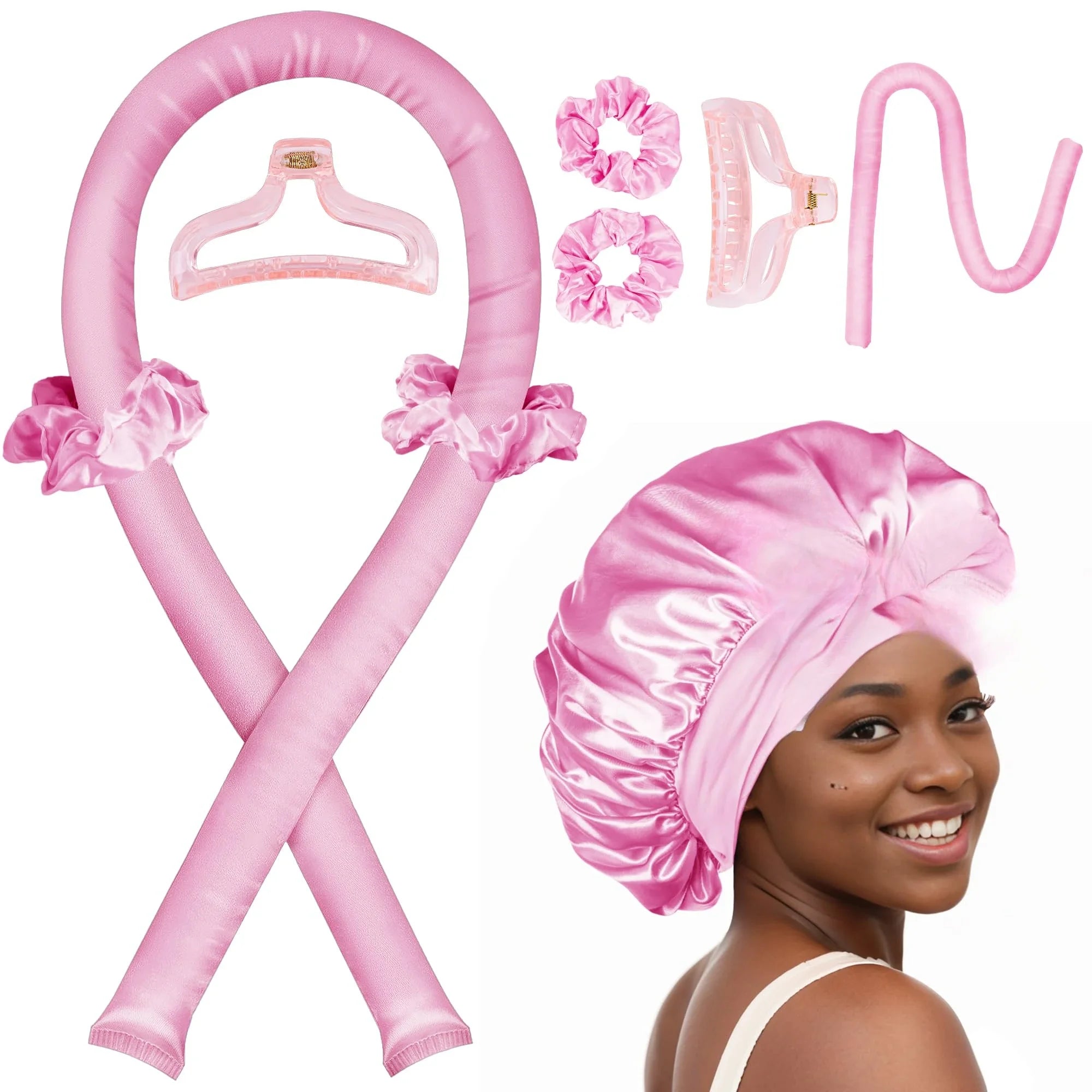 Heatless Curling Rod Set, Satin Overnight Hair Curlers Headband with Scrunchies, Clip & Sleep Cap