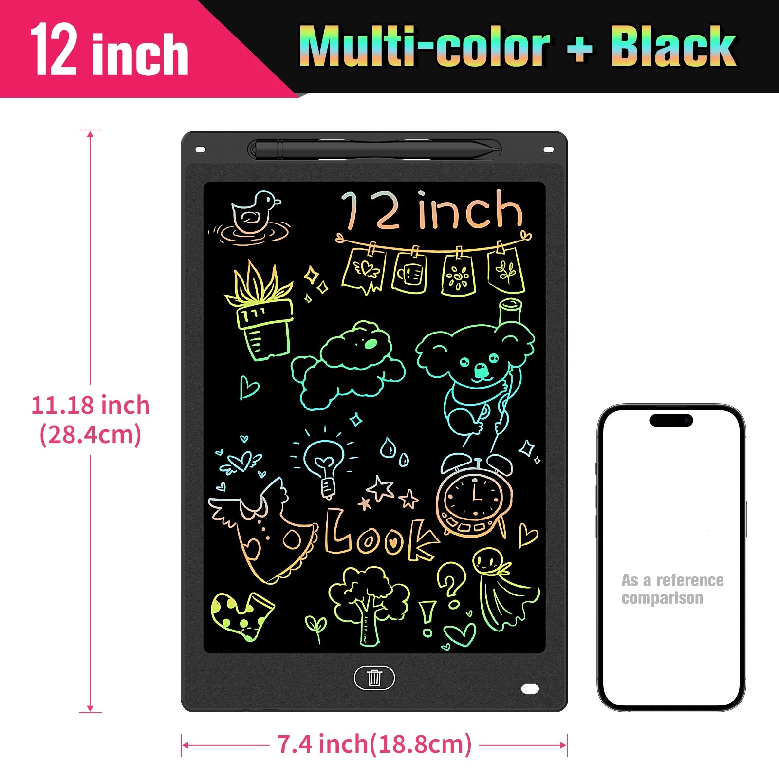 Kids LCD Writing Tablet, Colorful Doodle Board & Erasable Drawing Pad, Screen-Free Travel Toy (8.5", 10", 12")