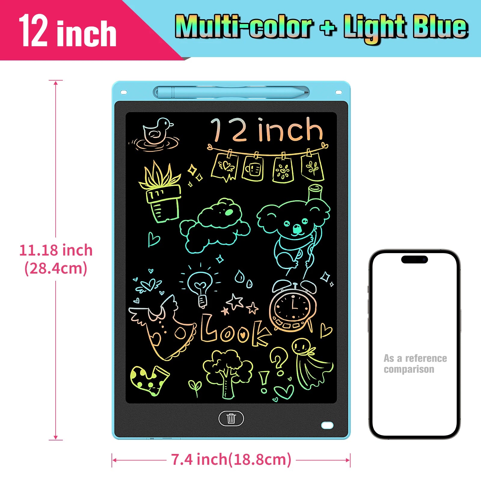 Kids LCD Writing Tablet, Colorful Doodle Board & Erasable Drawing Pad, Screen-Free Travel Toy (8.5", 10", 12")