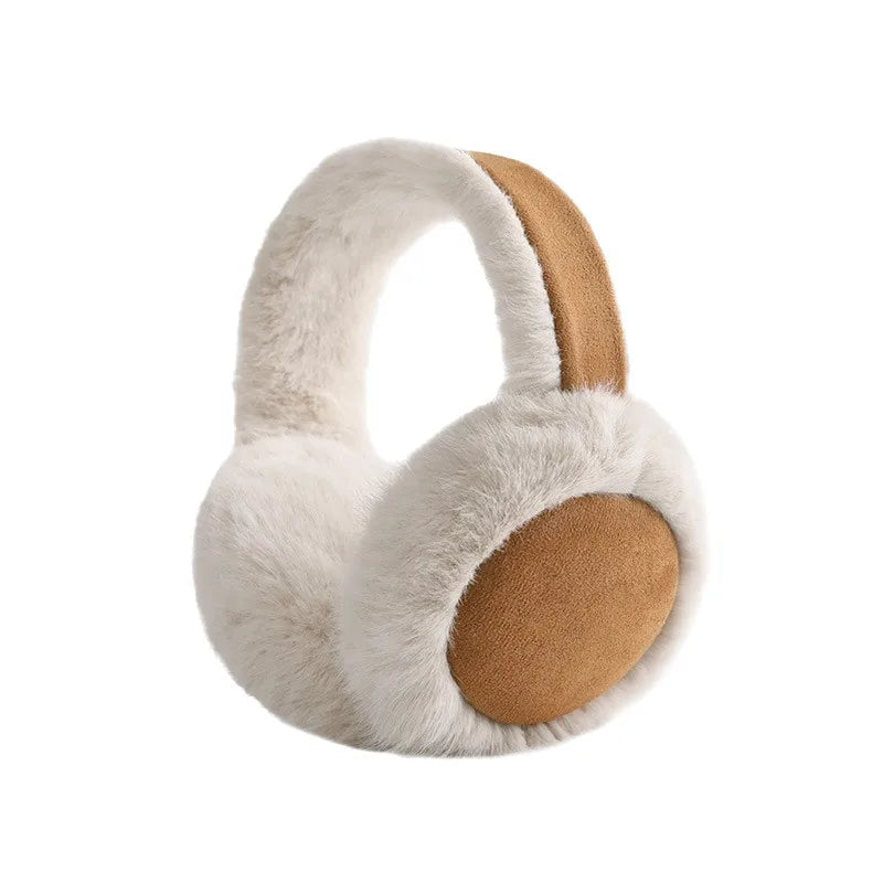 Khaki foldable earmuffs with cream plush faux fur and tan suede accents