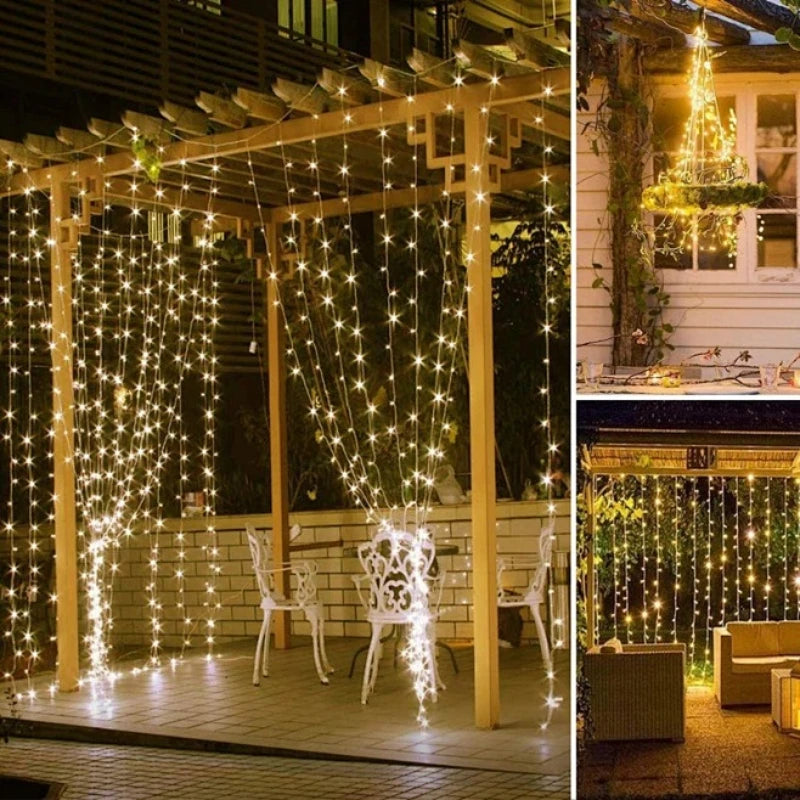 LED curtain lights draped over a pergola and patio for Christmas and holiday decor
