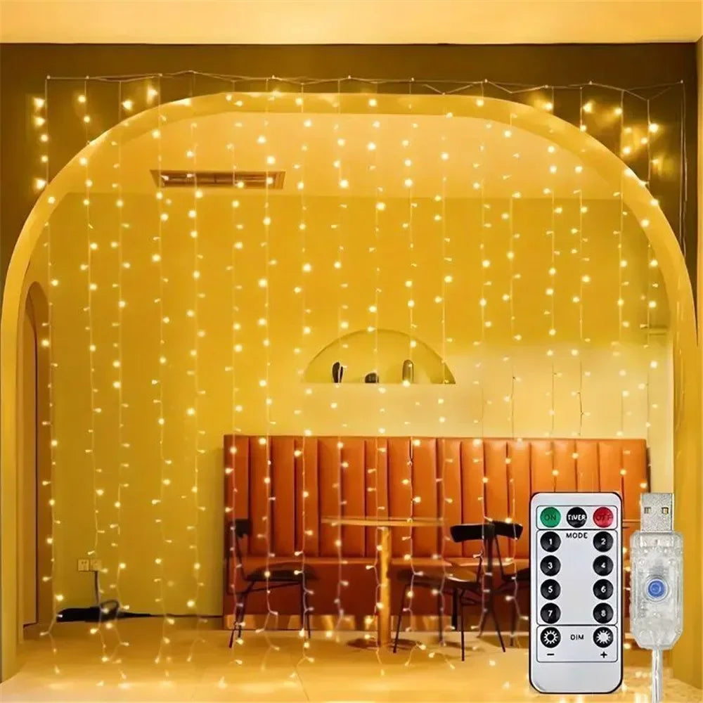 USB fairy lights with remote: curtain lights in an arched doorway with remote control and USB plug