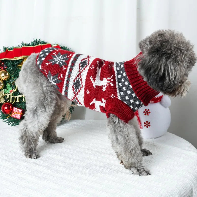 Side view of small dog wearing red reindeer Fair Isle knit dog holiday sweater with turtleneck collar