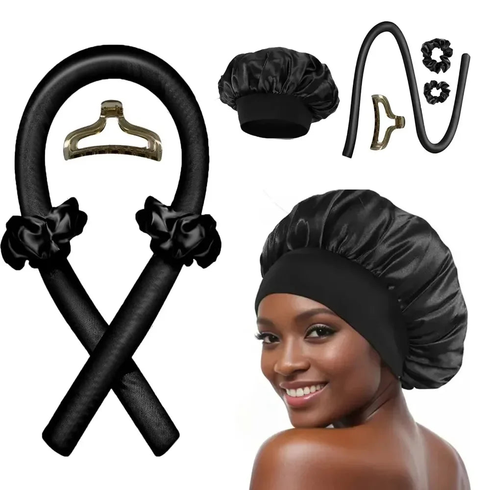 Heatless Curling Rod Set, Satin Overnight Hair Curlers Headband with Scrunchies, Clip & Sleep Cap