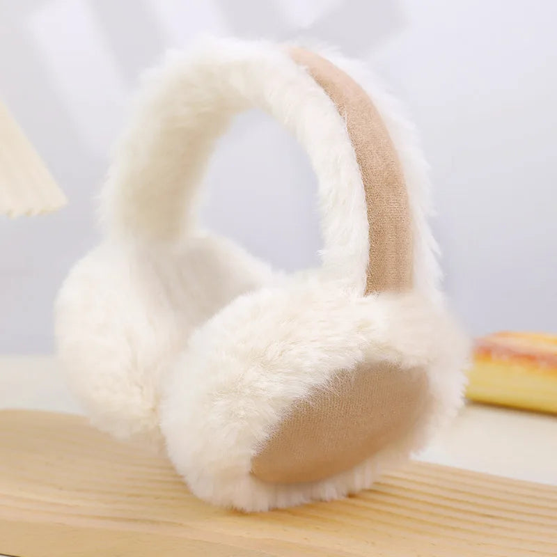 Beige faux fur ear warmers for women with fluffy cream plush and beige suede band