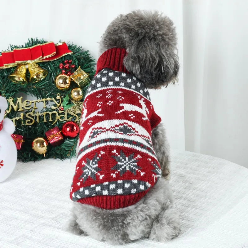 Back view of red reindeer dog sweater showing snowflake and reindeer Fair Isle knit pattern