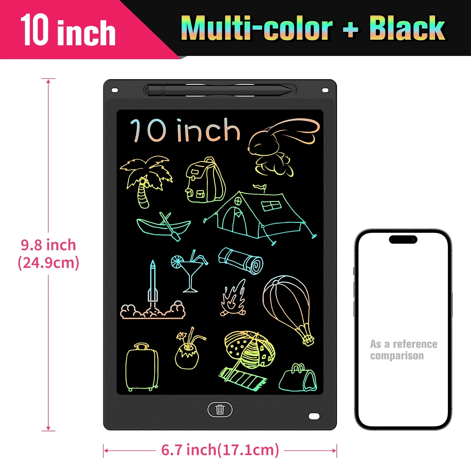 Kids LCD Writing Tablet, Colorful Doodle Board & Erasable Drawing Pad, Screen-Free Travel Toy (8.5", 10", 12")