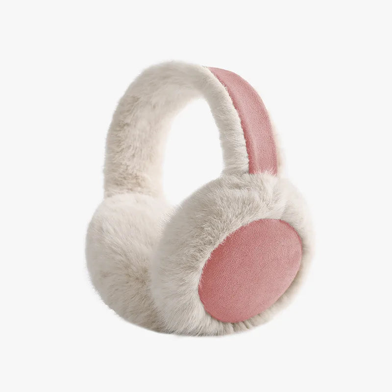 Pink fluffy earmuffs with cream faux fur and pink suede patch details