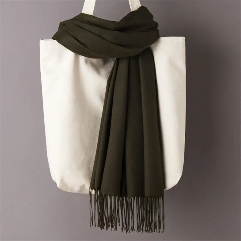 Army green oversized cashmere-feel scarf with fringed ends, 200 x 70 cm