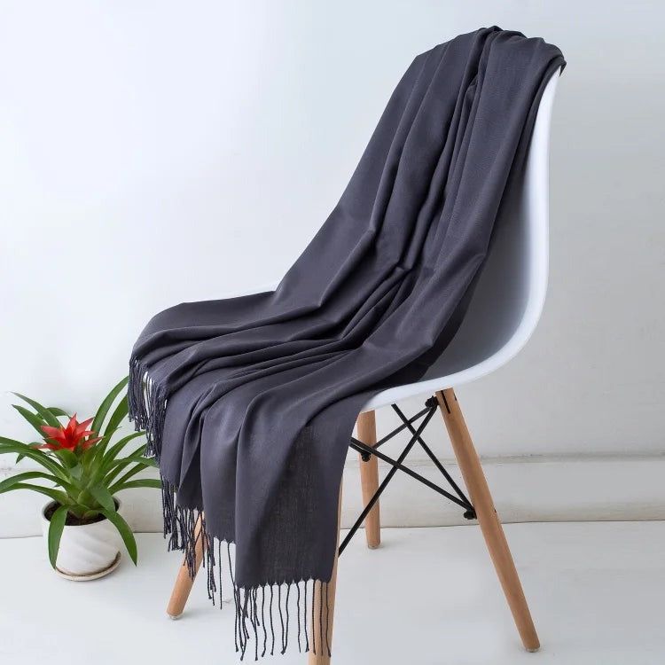 Charcoal oversized cashmere-feel scarf with fringed ends, 200 x 70 cm