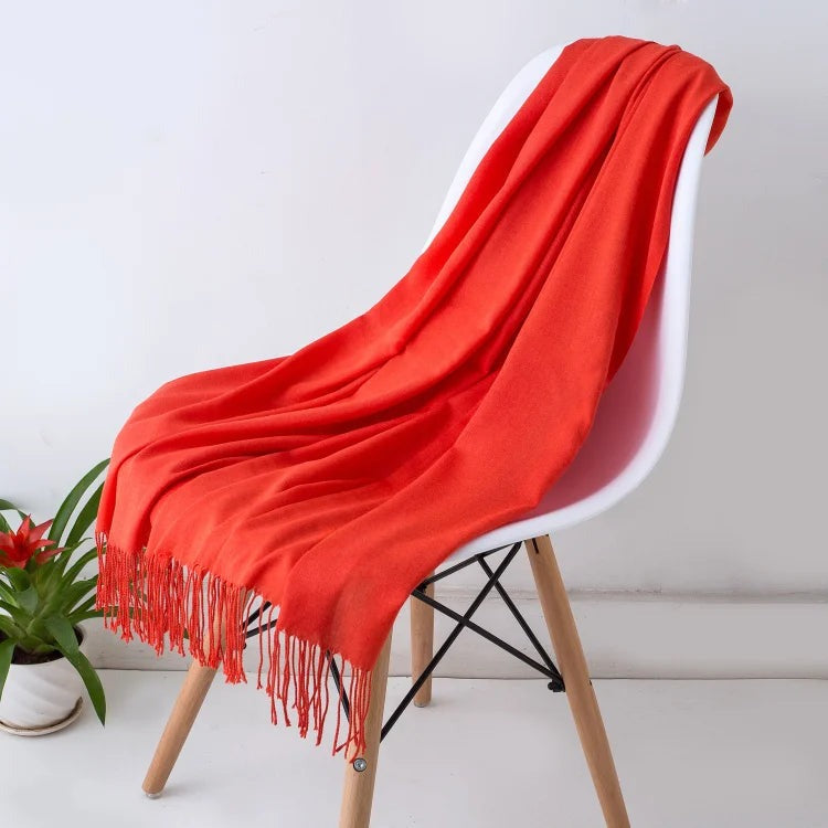 Coral red oversized cashmere-feel scarf with fringed ends, 200 x 70 cm