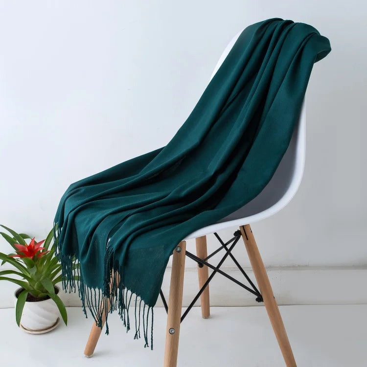 Forest green oversized cashmere-feel scarf with fringed ends, 200 x 70 cm