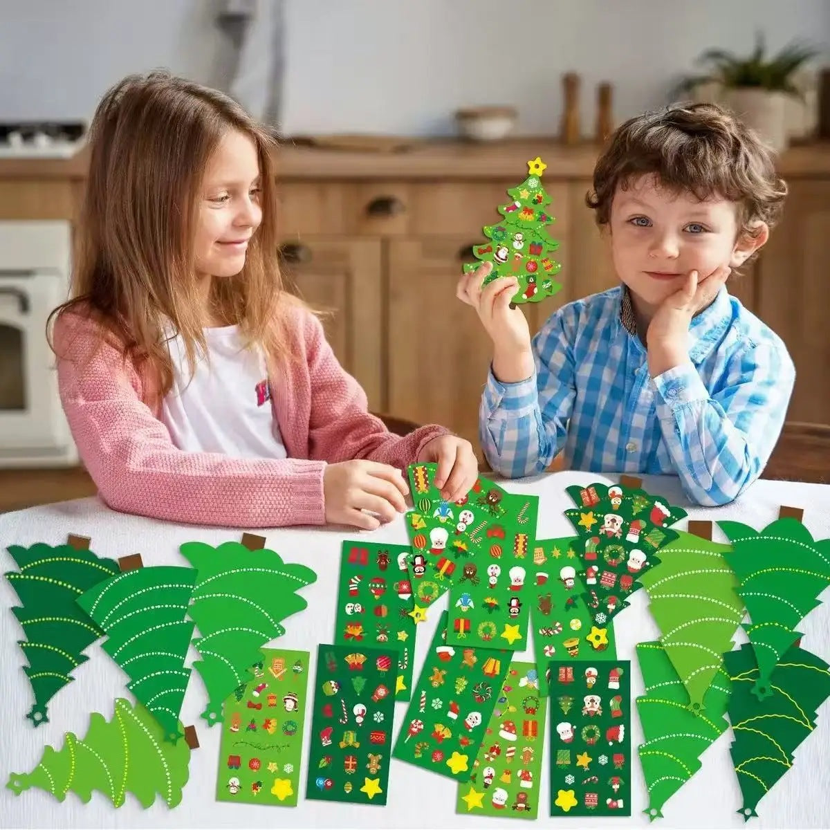 Two children decorating Christmas tree cut-outs with festive stickers at a table