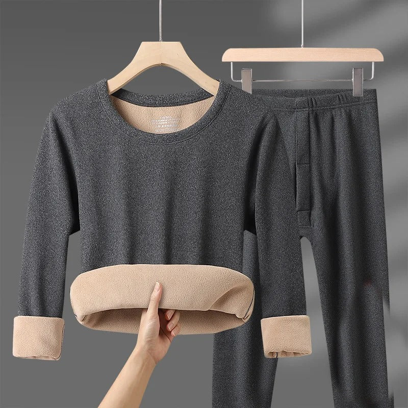 Men's gray fleece-lined thermal underwear set with brushed fleece lining shown at hem and cuffs