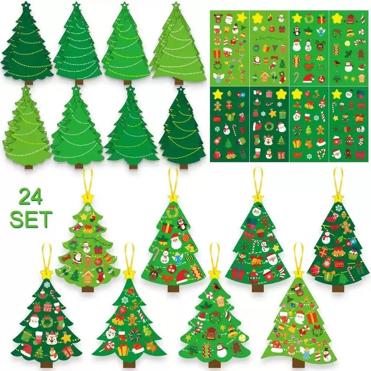 24 set of Christmas tree cut-outs, sticker sheets and finished decorated tree ornaments