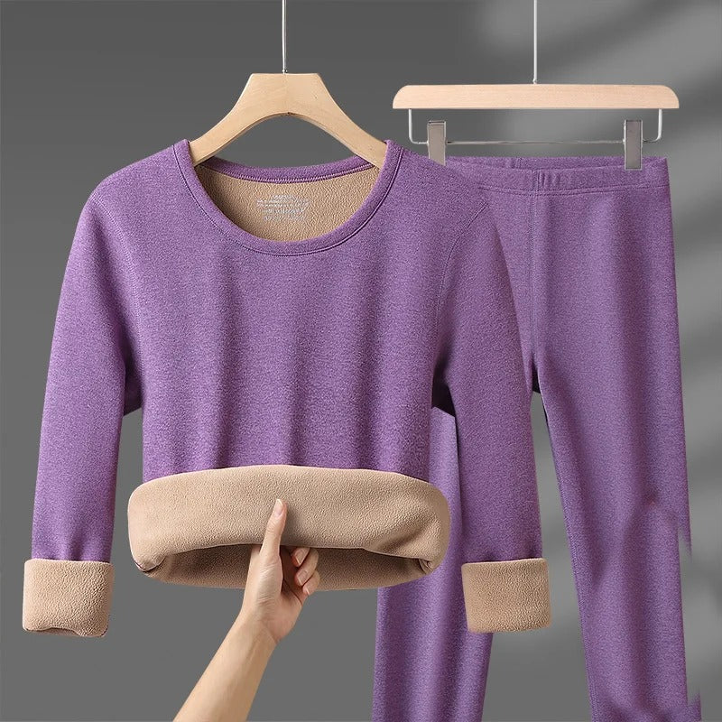 Women's purple velvet thermal top and leggings with plush fleece lining