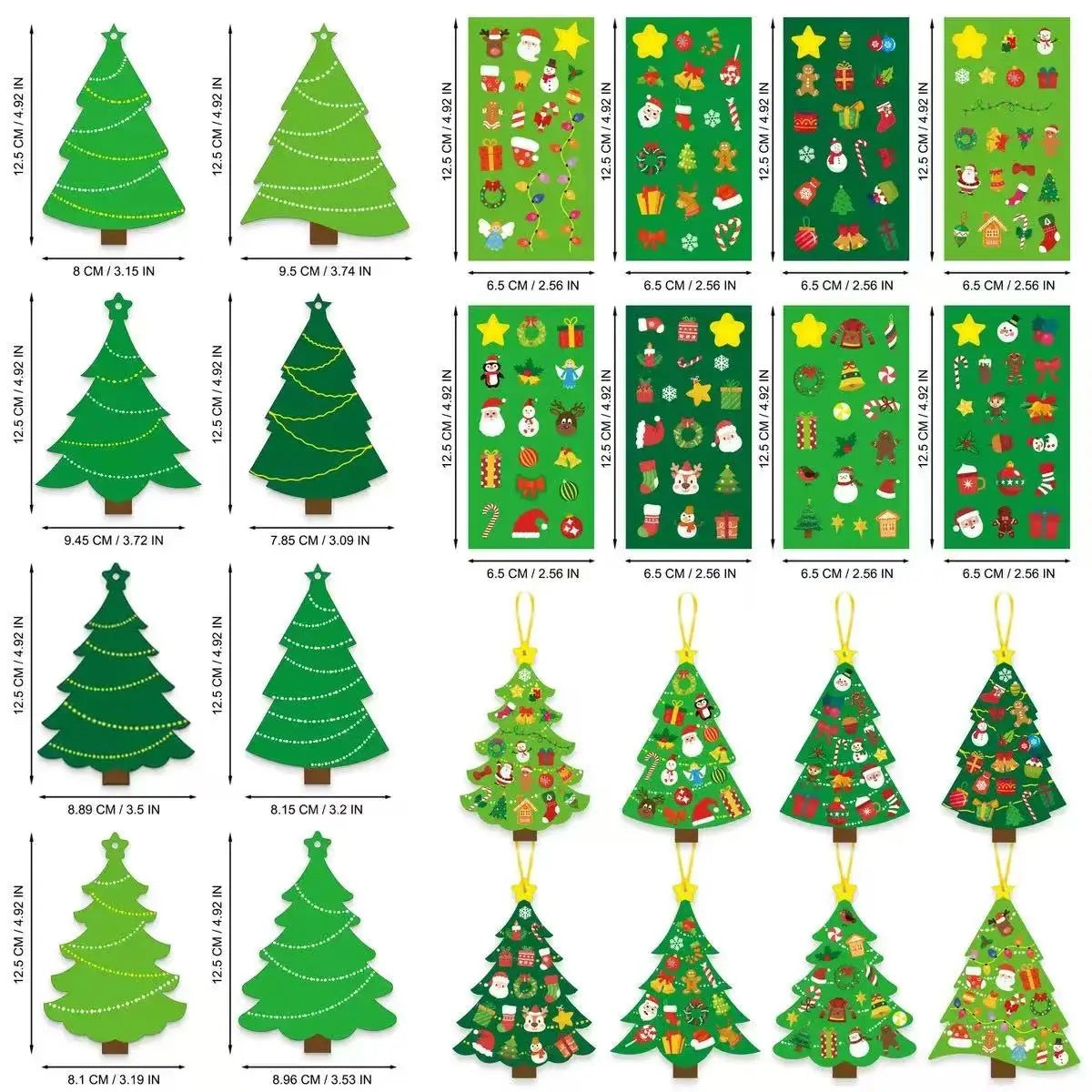 Size guide showing Christmas tree cut-out and sticker sheet dimensions in cm and inches