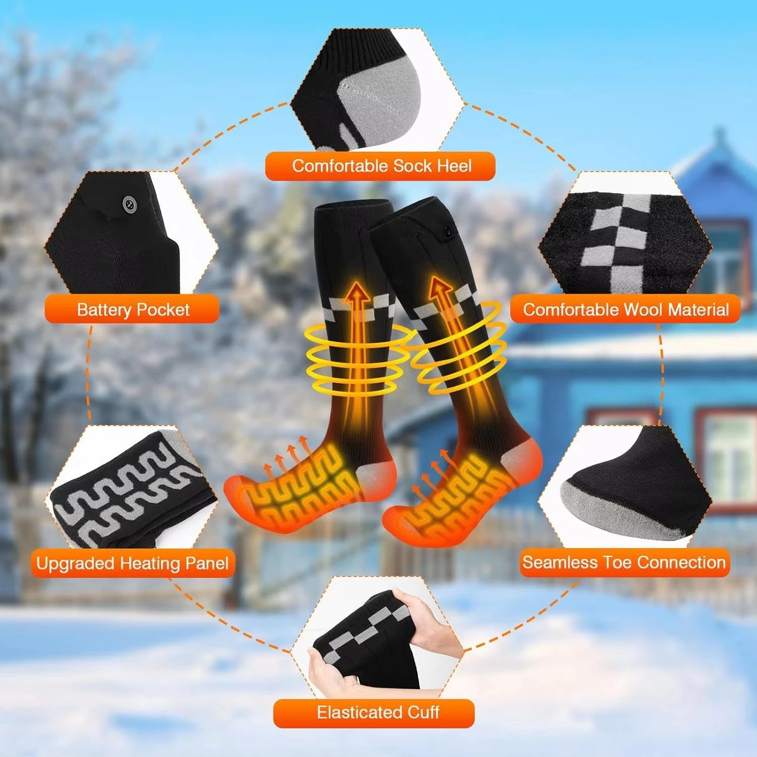 Heated sock features: heating panel, battery pocket and cushioned cuff